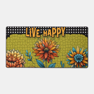 Live Happy Stained Glass Floral Colourful Desk Mat