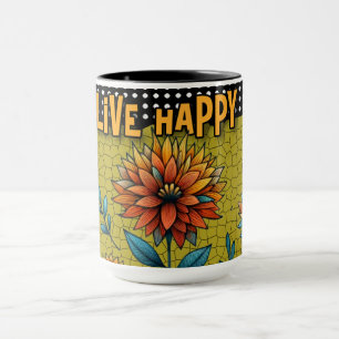 Live Happy Stained Glass Floral Mug Bold Colorful 