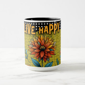 Live Happy Stained Glass Floral Mug Bold Colorful 