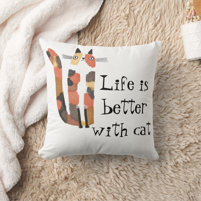 Live Is Better with Cat – Cute Cat Lover Decor Throw Pillow (Blanket)