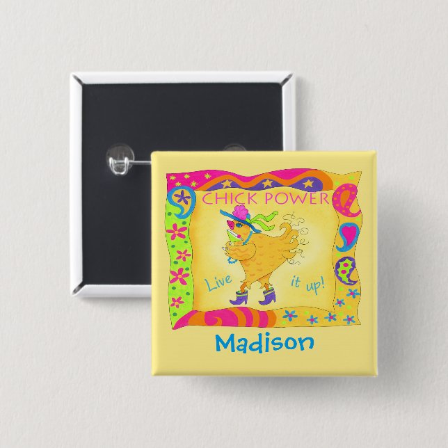 Live It Up Yellow Chick Power Name Badge 2 Inch Square Button (Front & Back)