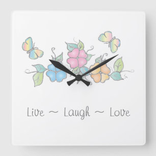 Live Laugh   Butterfly Floral Watercolor Square Wall Clock