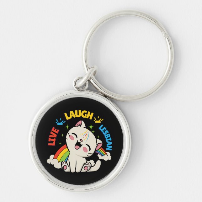 Live Laugh Lesbian Flag Rainbow Cat Pride Month Ki Keychain (Front)