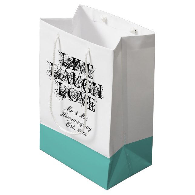 Live Laugh Love custom gift bag for wedding guests (Front Angled)