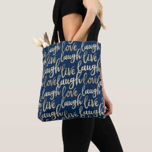 Live Laugh Love Faux Gold Lettering Dark Blue Tote Bag