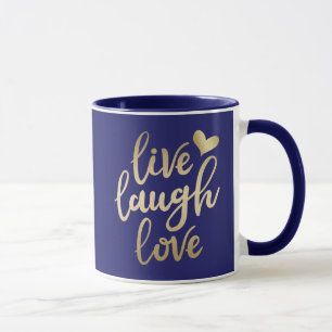 Live Laugh Love Faux Gold Letting Marine Blue Mug