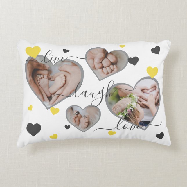 Live Laugh Love Photo Hearts Grey & Yellow Accent Pillow (Front)