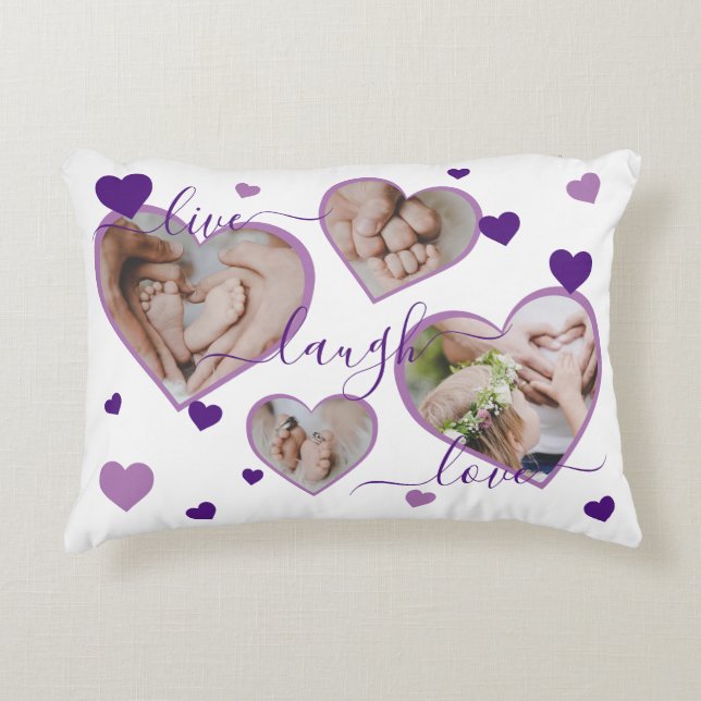 Live Laugh Love Photo Hearts Purple Accent Coussin (Devant)