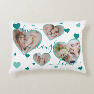 Live Laugh Love Photo Hearts Teal Accent Pillow