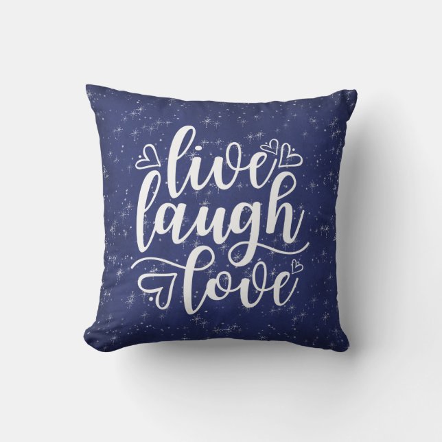 Live Laugh Love Saying Navy Blue Night Silver Throw Pillow (Front)