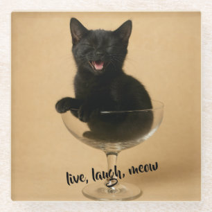 Live Laugh Meow - Funny Black cat Glass Coaster