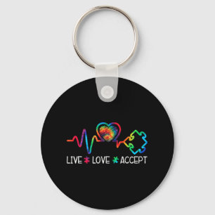 Live Love Accept Autism Awareness Heart Beat Mom D Keychain