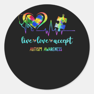 Live Love Accept Autism Awareness Puzzle Heartbeat Classic Round Sticker