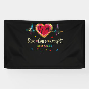 Live Love Accept Autism Heart Beat Puzzle Banner
