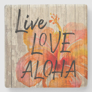 Live Love Aloha Hibiscus Beach Sign Stone Coaster