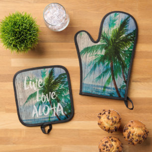 Live Love Aloha Palm Tree Beach Sign Oven Mitt & Pot Holder Set