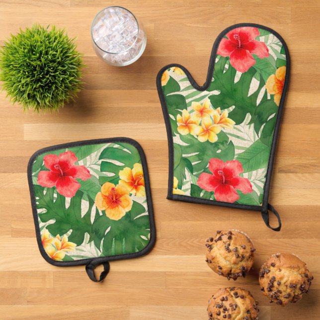 Live Love Aloha Palm Tree Beach Sign Oven Mitt & Pot Holder Set (Top Down)
