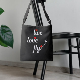 Live Love Fly Text Hearts and Airplane Travel  Crossbody Bag