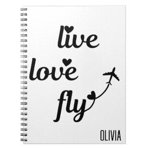 Live Love Fly Typography & Hearts, Airplane Flying Notebook