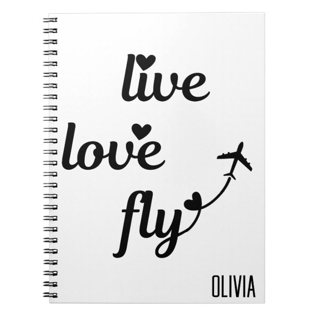 Live Love Fly Typography & Hearts, Airplane Flying Notebook (Front)
