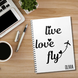 Live Love Fly Typography & Hearts, Airplane Flying Notebook