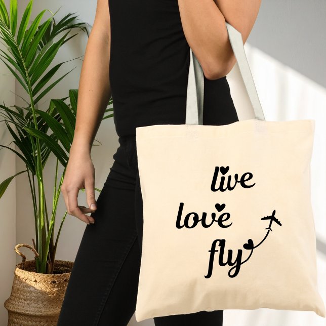 Live Love Fly Typography & Hearts, Airplane Flying Tote Bag (Creator Uploaded)