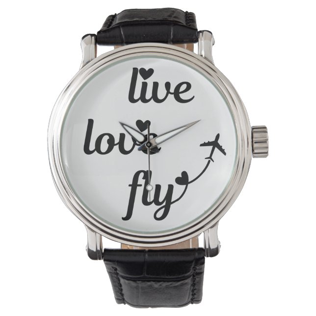Live Love Fly Typography & Hearts, Airplane Flying Watch (Front)
