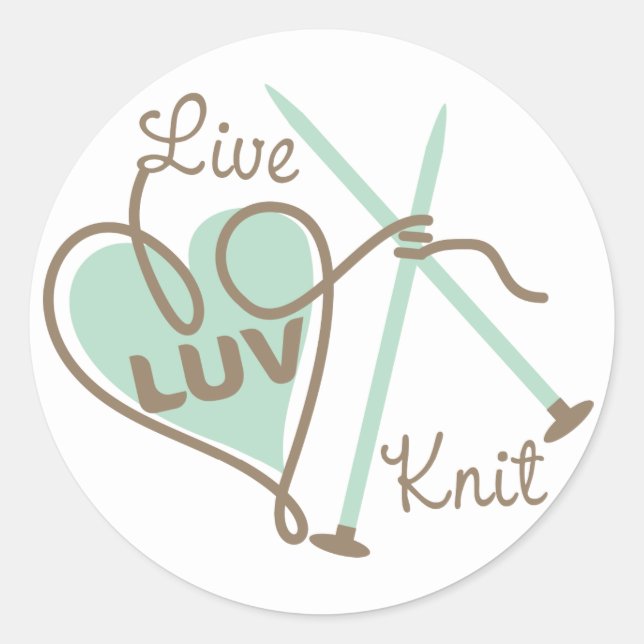 live love knit heart yarn knitting needles classic round sticker (Front)