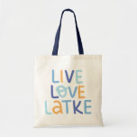 Live Love Latke Hanukkah Design Tote Bag<br><div class="desc">Celebrate the joy of Hanukkah with this colourful "Live Love Latke" design. Featuring bright colours and playful typography,  this graphic is perfect for a variety of products,  from home decor to gifts. Add a touch of holiday spirit and deliciousness to your space with this fun and festive design.</div>