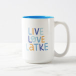 Live Love Latke Hanukkah Design Two-Tone Coffee Mug<br><div class="desc">Celebrate the joy of Hanukkah with this colourful "Live Love Latke" design. Featuring bright colours and playful typography,  this graphic is perfect for a variety of products,  from home decor to gifts. Add a touch of holiday spirit and deliciousness to your space with this fun and festive design.</div>