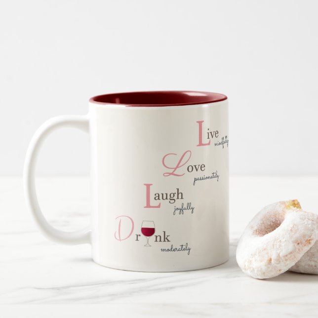 Live Love Laugh and Drink wine Two-Tone Coffee Mug (With Donut)