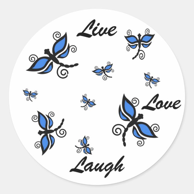 Live, Love, Laugh, blue digital art dragonflies Classic Round Sticker (Front)