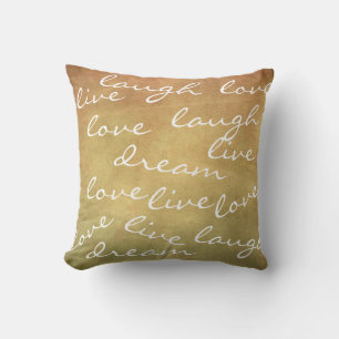 live love laugh dream typography tan and white throw pillow