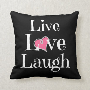Live Love Laugh Pillow, White on Black, Pink Heart Throw Pillow