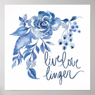 Live Love Linger   Blue Rose Floral Poster