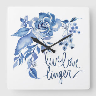 Live Love Linger   Blue Rose Floral Square Wall Clock