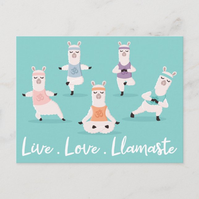 Live Love Llamaste | Fun Yoga Llama Characters Postcard (Front)