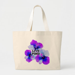 Live Pono Hawaiian Hibiscus Purple Blue Floral Large Tote Bag