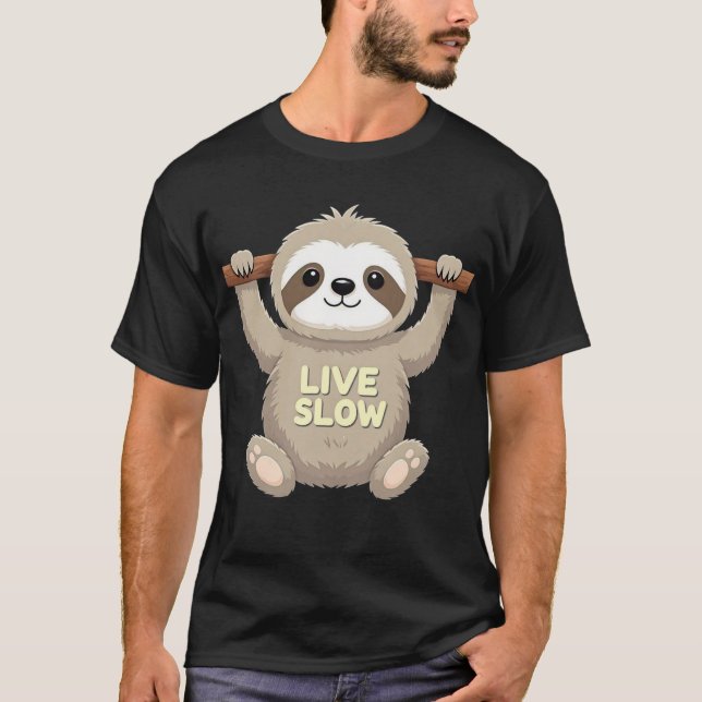 Live Slow Sloth T-Shirt – Cute Cartoon Design (Front)