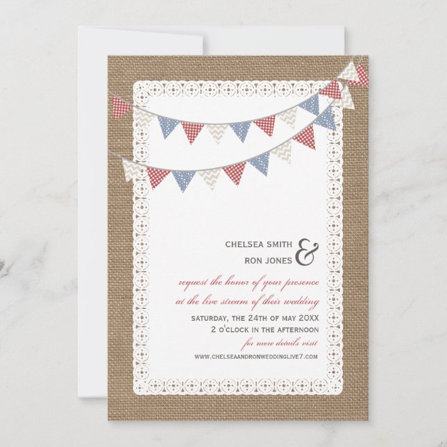 Live Stream Virtual Wedding Lace Bunting Burlap Invitation (Front)