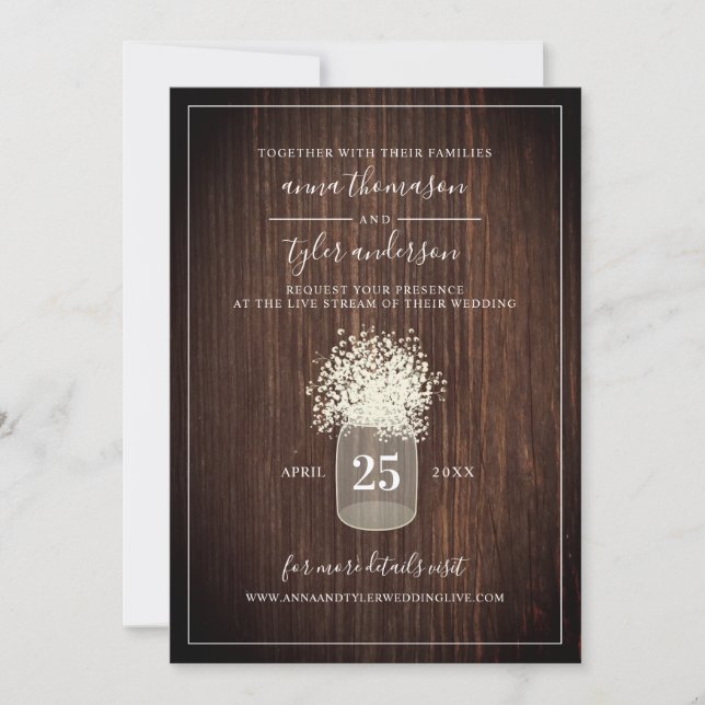 Live Stream Virtual Wedding Rustic Mason Jar Wood Invitation (Front)