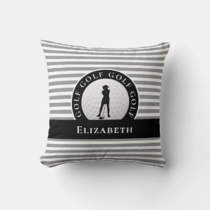 Live To Golf Monogrammed Golfer Grey Stripes Black Throw Pillow