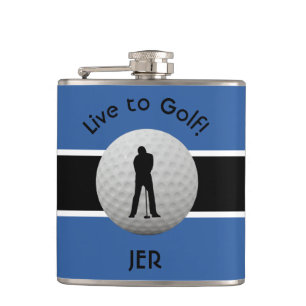 Live to Golf Quote Monogrammed Initials Blue Black Hip Flask