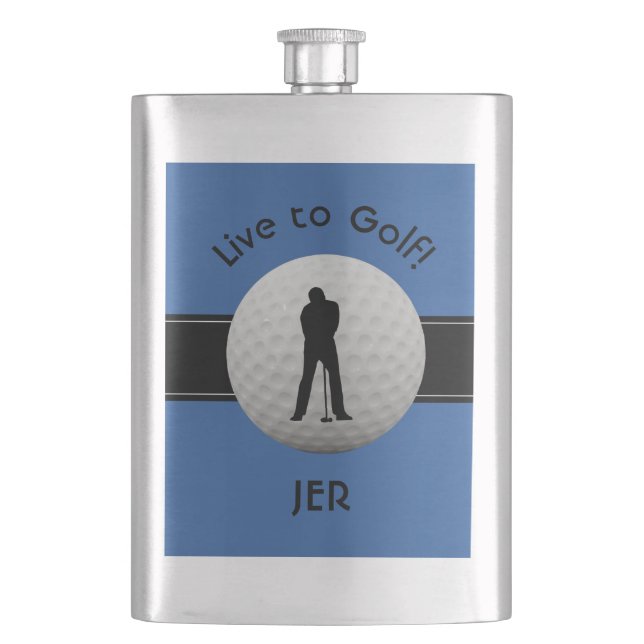 Live to Golf Quote Monogrammed Initials Blue Black Hip Flask (Front)