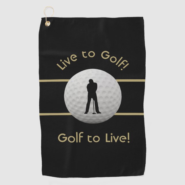 Live to Golf Quote Typography Black & Golden Golf Towel (Front)