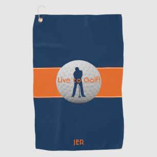 Live to Golf Quote Typography Blue Orange Monogram Golf Towel