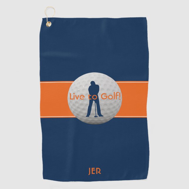Live to Golf Quote Typography Blue Orange Monogram Towel (Front)