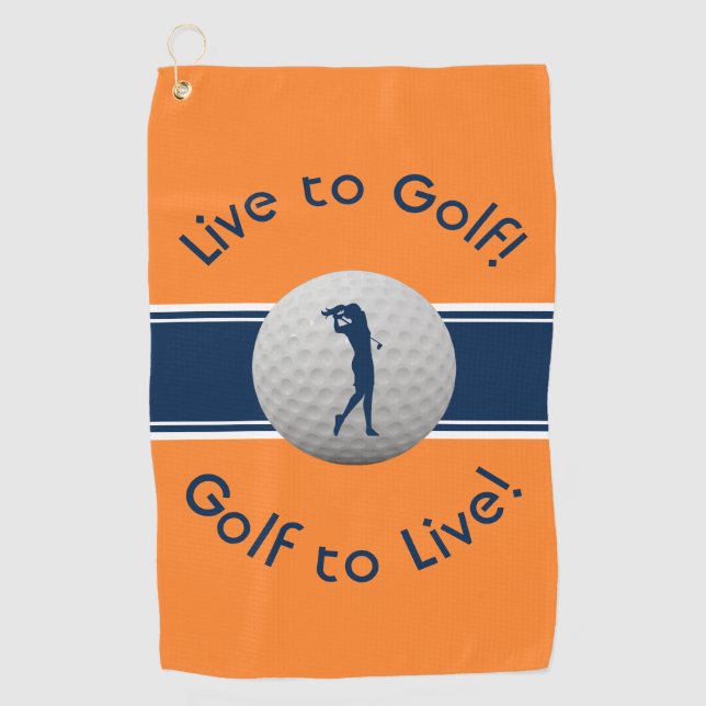 Live to Golf Quote Typography Orange & Blue Golf Towel (Front)
