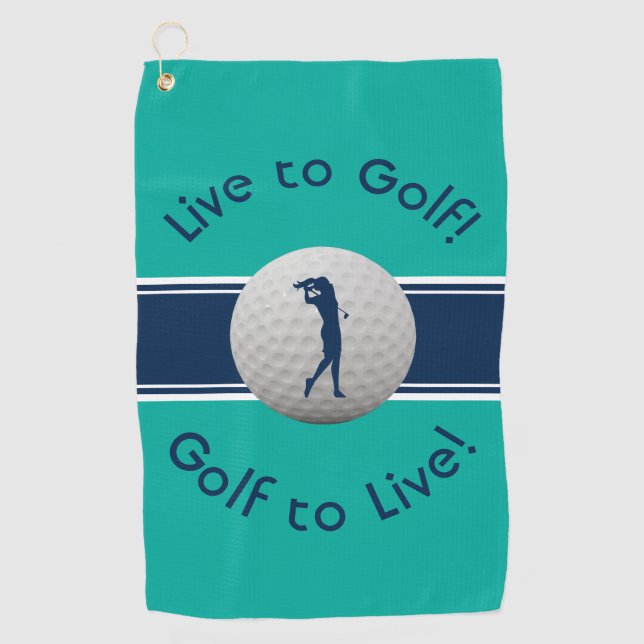 Live to Golf Quote Typography Teal & Blue Golf Towel (Front)