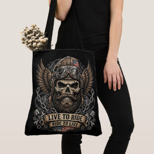 Live to Ride Biker Bearded Skull Tote Bag